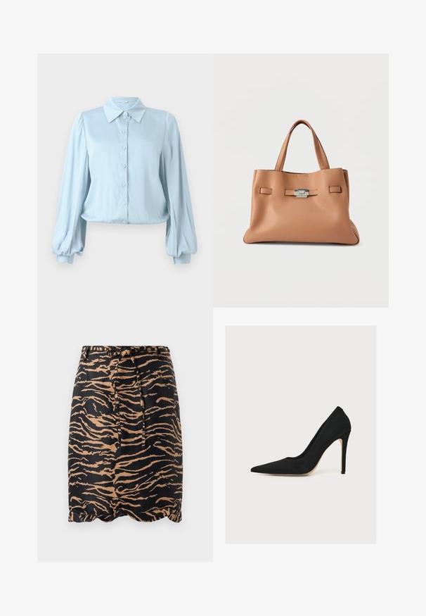Hofmann Copenhagen FLORA - Hemdbluse - lavender blue; Schwarzer und brauner, tigerstreifiger Rock aus glattem Stoff, mit einem Bindeband in der Taille und einem gewellten Saumdesign.; Schwarzer, spitz zulaufender Stiletto-Pump mit dünnem Absatz, seitlich auf weißem Hintergrund fotografiert.; Hellbraune Leder-Umhängetasche mit zwei Griffen und magnetischem Verschluss. Verfügt über zwei rechteckige Akzente auf der Vorderseite. Glatte Textur.