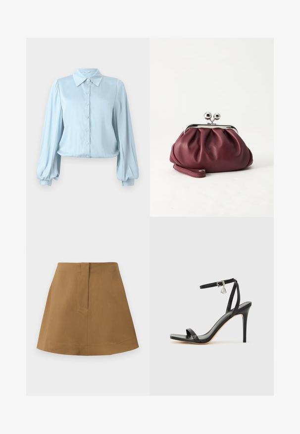 Hofmann Copenhagen FLORA - Overhemdblouse - lavender blue; Bruine rok met een uitlopende silhouet, gemaakt van een gladde stof. Kenmerkt zich door een eenvoudige tailleband en een achternaaddetail.; Zwarte sandaal met hoge hak, smalle enkelband, vierkante neus, soepel leermateriaal en metalen gespsluiting.; Kleine bordeauxrode leren clutch-portemonnee met zilverkleurige metalen sluiting en polsbandje op een witte achtergrond.