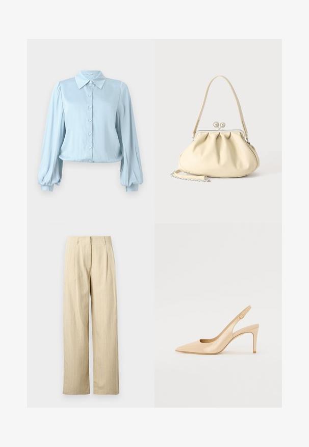 Hofmann Copenhagen FLORA - Overhemdblouse - lavender blue; Beige wijde hoge taillebroeken met plooien en riemlussen, gemaakt van een gestructureerde stof, weergegeven tegen een effen achtergrond.; Nude gepatineerd leren slingbackhak met een spitse neus, open vamp en een dunne stilettohak. Bevat een ronde gouden accent op de band.; Crèmekleurige zachte leren handtas met geplooid ontwerp, zilveren frame sluiting, korte handgreep en een afneembare kettingriem.