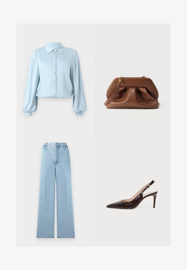 Hofmann Copenhagen FLORA - Blúzka so zapínaním na gombíky - lavender blue; Svetlo modré široké džínsy vyrobené z denimu s vysokým pásom, obsahujúce päť pútok na opasok, predné zapínanie na gombík a prešité švy.; Tmavohnedé kožené slingback lodičky s krokodílou textúrou, špicatou špičkou a stredne vysokým ihličkovým podpätkom na jednotnom pozadí.; Hnedá kožená kabelka do ruky so zhromaždeným dizajnom, zlatými kovaniami a odnímateľným remienkom na zápästie na bielom pozadí.