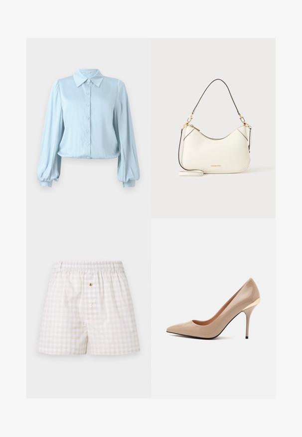Hofmann Copenhagen FLORA - Hemdbluse - lavender blue; Herren-Boxershorts in beige und weißem Vichy-Karo mit elastischem Bund und zwei Knöpfen am vorderen Eingriff.; Glänzender beiger High-Heel-Pumps mit spitzer Zehenpartie und schlankem Absatz, mit einem kleinen goldenen Akzent nahe der Ferse auf einem einfarbigen hellgrauen Hintergrund.; Weiße Schultertasche aus Leder mit goldener Hardware, schwarzen Akzenten und abnehmbarem Riemen. Michael Kors Logo in Gold unten mittig.