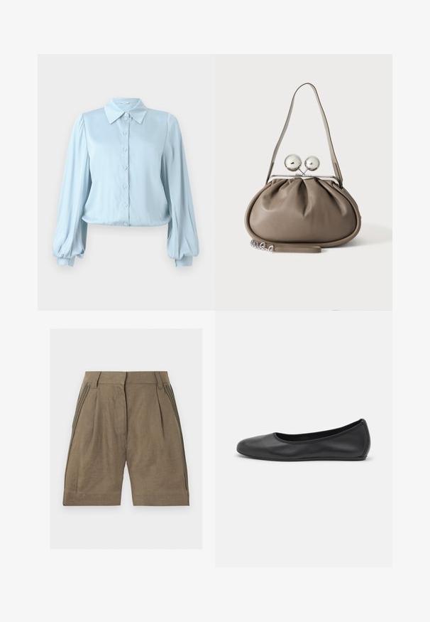 Hofmann Copenhagen FLORA - Overhemdblouse - lavender blue; Bruine shorts met hoge taille, riemlussen, plooi en gevlochten details langs de zijnaden.; Zwarte leren ballerina met een ronde neus, gladde textuur, minimale stikdetails en een flexibele zoolontwerp.; Grijze leren handtas met afgeronde vorm, bovenste sluiting met twee grote zilveren bollen en een enkele schouderriem.