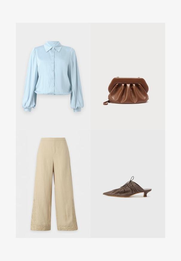 Hofmann Copenhagen FLORA - Overhemdblouse - lavender blue; Beige broek met wijde pijpen, een hoge taille en subtiele geborduurde krulpatronen nabij de zoom aan de onderkant van beide benen.; Bruine leren muil met een puntige neus, geraffineerde textuur, kleine hak en een trekkoordaccent bij de opening. Vlotte afwerking.; Bruin leren clutch met geplooid ontwerp en gestructureerd bovenframe, voorzien van een klein polsbandje en gouden sluitingsdetails.