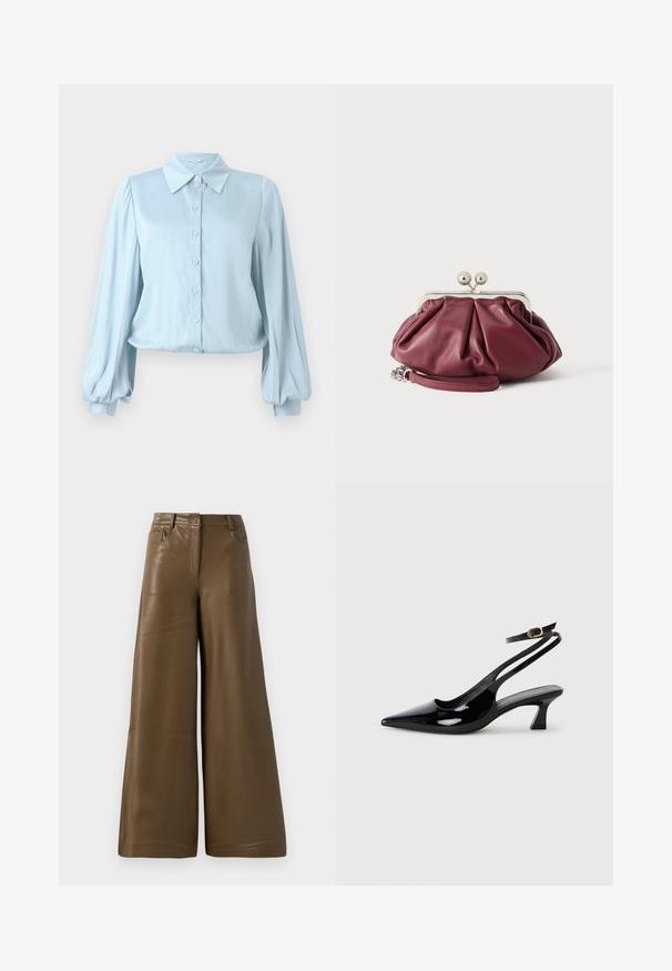 Hofmann Copenhagen FLORA - Skjortebluser - lavender blue; Breddebenede bukser lavet af glat, brun kunstlæder. Har højt talje, fire lommer og en lynlås foran. Flad tekstur og minimalistisk design.; Sorte patenterede læderslingbacks med spidse tæer, lav blokhælt og justerbar ankelrem med guldspænde.; Lille bordeaux rød læder clutch-pung med sølv metal lukning og håndledsrem på hvid baggrund.