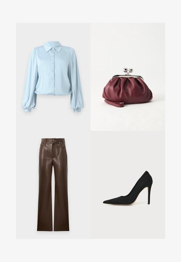 Hofmann Copenhagen FLORA - Skjortebluser - lavender blue; Brune læderflarede bukser med en glat tekstur, fem-lomme design, lynlås foran og metalknaplukning, der har en høj talje.; Sort højhælet stiletpump med spids tå og glat tekstur, vist fra siden på en ensfarvet lys baggrund.; Lille bordeauxlæder clutch-pung med sølv metal lukning og håndledsrem på hvid baggrund.