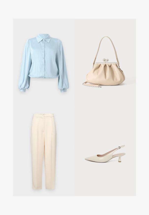 Hofmann Copenhagen FLORA - Overhemdblouse - lavender blue; Beige op maat gemaakte broek met een rechte pasvorm, voorzien van plooien aan de voorkant, een gladde textuur en een middelhoge taille. Geen zichtbare zakken.; Crèmekleurige slingback met puntige neus, kleine gebogen kittenhak en verstelbare gespband.; Beige zachte leren handtas met een zilveren metalen frame sluiting, een enkele schouderriem en een optionele kettingriem op een witte achtergrond.