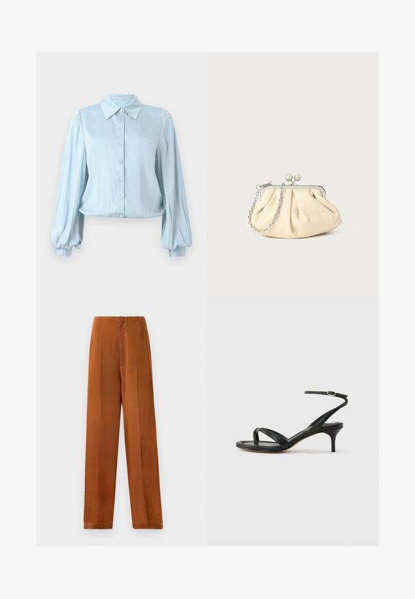 Hofmann Copenhagen FLORA - Overhemdblouse - lavender blue; Wijde broekspijpen in een warme bruine kleur, met een zachte textuur, hoge taille en contrasterende witte stiksels langs de naden.; Zwarte leren dames sandaal met dunne bandjes, een teengreep, een enkelgesp en een stilettohak van gemiddelde hoogte op een neutrale achtergrond.; Geplooide beige leren clutch met een zilveren metalen frame, voorzien van twee ronde decoratieve sluitingen en een zilveren kettingriem.