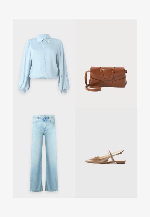 Hofmann Copenhagen FLORA - Hemdbluse - lavender blue; Hellblaue Jeans aus Denim mit hoher Taille, Knopfverschluss, Fronttaschen und weiten, geraden Beinen.; Braune Leder-Slingback-Schuhe mit spitzer Zehenform, zwei schmalen Riemen und niedrigem Absatz. Glatte Textur mit polierter Oberfläche.; Braune Lederhandtasche mit einem eleganten Design, das eine strukturierte Klappe, einen auffälligen Verschluss und einen verstellbaren Trageriemen für Vielseitigkeit umfasst.