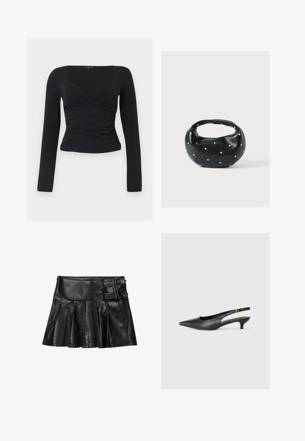Haut noir à manches longues avec un design ajusté, décolleté en V et détail de taille froncée. Fabriqué à partir d'un tissu lisse et extensible.; Jupe en cuir noir avec des plis, taille large et deux accents à boucle sur le côté. Texture lisse avec une finition brillante.; Chaussure slingback noire à bout pointu en cuir lisse. Présente un talon fin et un détail de boucle sur la sangle réglable.; Sac à main en cuir noir de forme arrondie, décoré de clous argentés et équipé d'une poignée courte. Texture lisse et fermeture éclair.