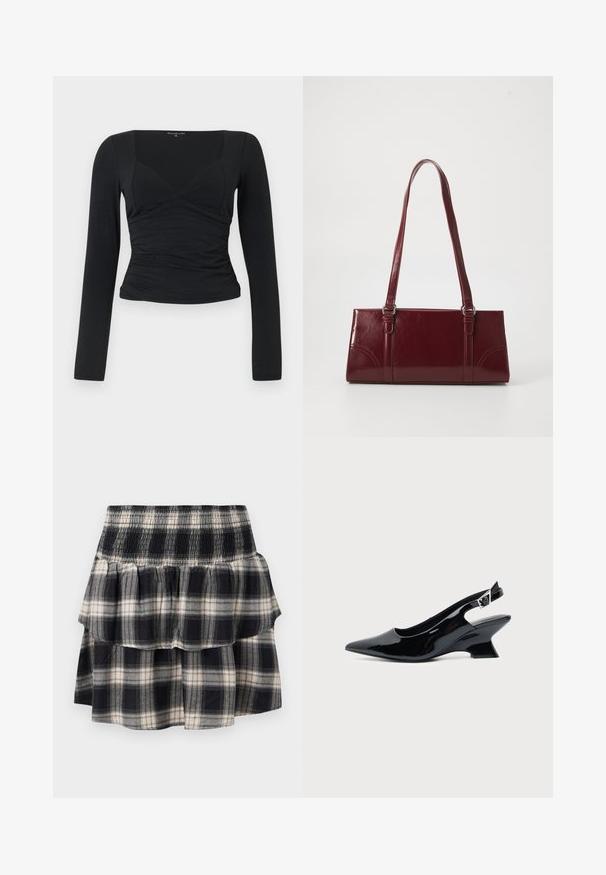 Haut noir à manches longues avec un design ajusté, décolleté en V et détail de taille froncée. Fabriqué à partir d'un tissu lisse et extensible.; Jupe à volants à carreaux noir et blanc avec taille smockée. Avec des couches froncées et une texture douce en coton.; Chaussure slingback en cuir verni noir avec bout pointu et petit talon bloc incliné sur fond clair uni.; Sac à main bordeaux en matériau brillant, de forme rectangulaire, avec deux anses et des accents légèrement courbés à l'avant.