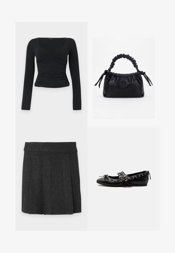 Haut noir à manches longues avec un design ajusté, décolleté en V et détail de taille froncée. Fabriqué à partir d'un tissu lisse et extensible.; Jupe noire plissée en tissu texturé. Ceinture mi-haute avec des lignes épurées. Coupe classique adaptée à diverses occasions.; Chaussure de ballet plate noire avec doubles brides à boucle, œillets argentés et petit nœud près de l’orteil arrondi sur fond blanc.; Sac à main noir avec texture crocodile, bord supérieur froncé, poignée plissée et pompons à cordon de chaque côté sur fond blanc.