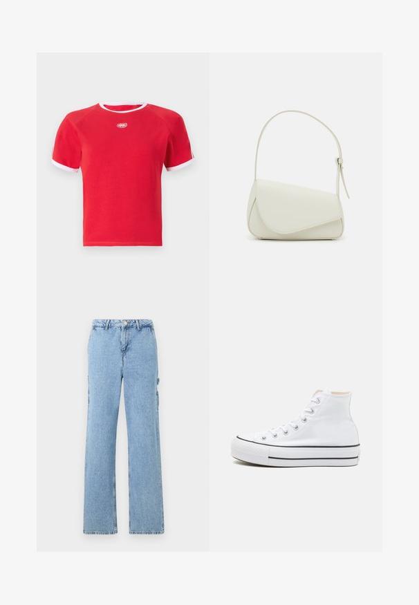 Camiseta de algodón roja con ribete blanco en el cuello y las mangas. Presenta un cuello redondo y un logo en el centro. Diseño de manga corta.; Pantalones cargo de denim azul claro con un diseño de pierna recta, que cuenta con bolsillos laterales y costuras en contraste. Estilo clásico de cinco bolsillos.; Zapatillas altas blancas de material de lienzo, con suela de goma negra y una franja negra en el mediopie. Punta circular y diseño de cordones.; Bolso de mano de imitación cuero blanco con una forma triangular estructurada, correa ajustable única y cierre con solapa acentuada en curva.
