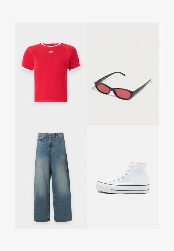 T-shirt en coton rouge avec une bordure blanche au col et aux manches. Présente un col rond et un logo au centre. Design à manches courtes.; Jeans en denim à jambes larges dans un délavage bleu clair. Dotés d'un zip et d'une fermeture à bouton, avec un délavage subtil pour un look usé.; Baskets montantes blanches en toile, semelle en caoutchouc noir et bande noire contrastante sur la semelle intermédiaire. Bout rond et design à lacets.; Lunettes de soleil ovales noires avec des branches fines et des verres teintés rouges posées sur une surface blanche.