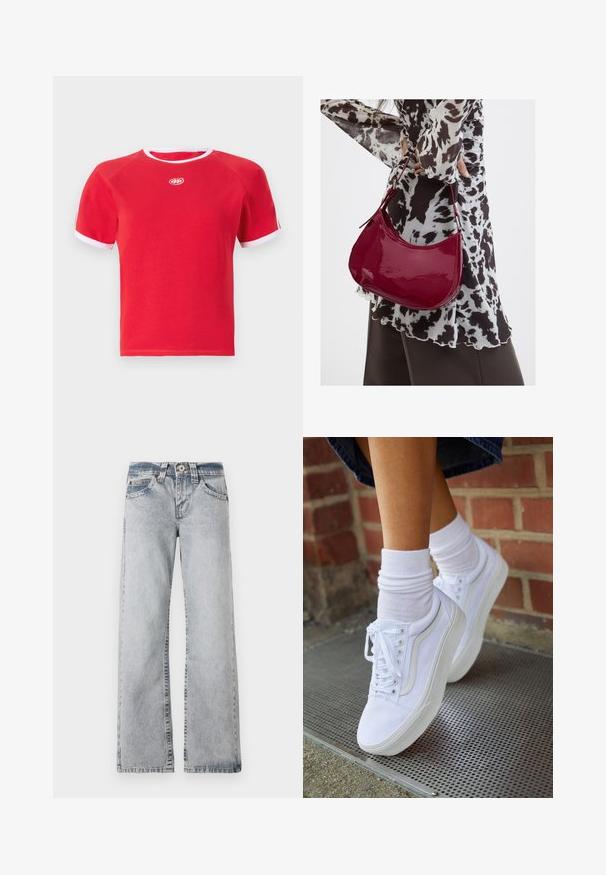 T-shirt en coton rouge avec une bordure blanche au col et aux manches. Présente un col rond et un logo au centre. Design à manches courtes.; Jeans en denim bleu clair avec une coupe large. Taille standard, style à cinq poches et couture visible le long des coutures.; Baskets en toile blanches avec semelles en caoutchouc, dotées de six œillets, d'un bout rond et de détails de couture légers, portées avec des chaussettes blanches mi-mollet.; Femme portant un chemisier à motif noir et blanc tenant un sac à main rouge brillant sur un fond uni.