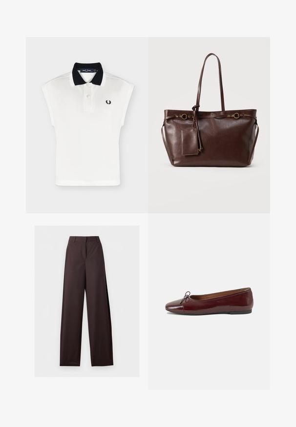 Polo sans manches blanc avec col en maille noire, deux boutons blancs et petit logo noir de couronne de laurier sur la poitrine.; Pantalon droit marron foncé avec passants pour ceinture, fermeture éclair à l'avant et poches latérales, présenté à plat sur un fond blanc.; Ballerines en cuir verni bordeaux avec un bout rond, un petit nœud décoratif à l'avant et une semelle en caoutchouc noire basse. Texture lisse.; Sac cabas en cuir marron foncé avec deux longues anses, anneaux décoratifs en or, et pochette rectangulaire attachée avec fermeture éclair.