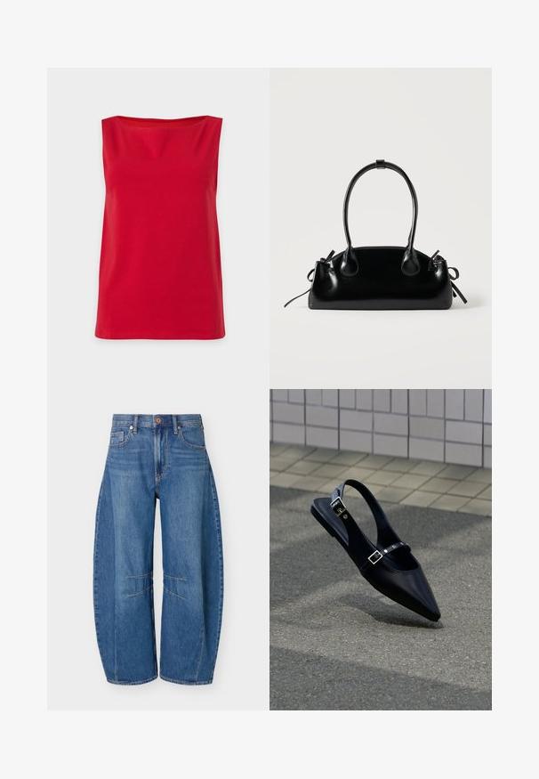 Haut sans manches rouge vif, à coupe droite et à col montant, présenté sur un fond uni clair.; Jean en denim bleu à jambes larges, taille haute, cinq poches, fermeture par boutons, avec des détails visibles de coutures aux genoux.; Mocassin noir à bout pointu et bride arrière, avec double boucle, posé sur un asphalt gris près d'un mur carrelé en arrière-plan.; Petit sac à main noir brillant avec deux longues anses et des détails à cordon sur les côtés sur un fond clair uni.