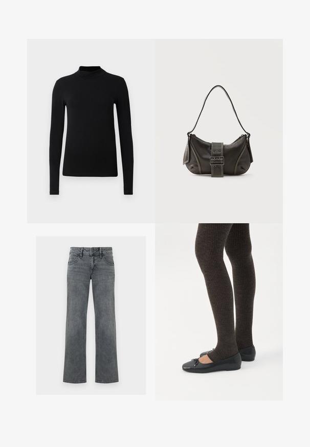 Chemise à col roulé noir à manches longues en tissu lisse ; design ajusté avec un col haut et sans coutures visibles. Couleur unie et simple.; Jeans en denim gris à jambe droite avec bouton frontal, fermeture éclair et cinq poches, présentés sur un fond blanc.; Jambes portant des leggings côtelés foncés associés à des ballerines noires avec de petits détails en nœud sur fond blanc.; Sac à épaule en cuir noir avec une sangle à boucle, des bords arrondis et des coutures blanches contrastées sur un fond uni.