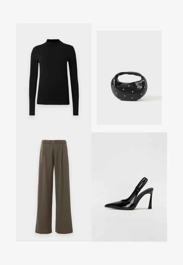 Zwarte langemouwen turtleneck shirt gemaakt van gladde stof; aansluitend ontwerp met een hoge kraag en geen zichtbare naden. Eenvoudige, effen kleur.; Wijde broek in donker olijfgroene stof met een ceintuur en een gouden ronde gesp, en plooien aan de voorkant voor extra detail.; Zwarte gepatineerde leren slingback pump met puntige neus, slanke hoge hak en dubbele elastische band voor een veilige pasvorm. Gladde, glanzende oppervlakte.; Zwarte leren handtas met een afgeronde vorm, versierd met zilveren studs, en een korte handgreep. Gladde textuur en ritsluiting.