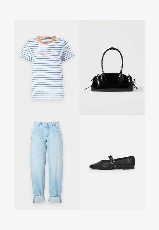 Camiseta a rayas en azul claro y azul marino, con cuello acanalado naranja y detalle de logo en naranja, mangas cortas, material de algodón.; Vaqueros de denim azul claro con cintura alta, detalle de cinturilla trenzada, corte holgado y puños enrollados en el dobladillo. Presenta bolsillos frontales.; Zapato plano de cuero negro con punta redondeada, una sola correa ajustable con hebilla y una textura suave y brillante. Diseño minimalista con un tacón bajo.; Pequeño bolso negro brillante con dos asas largas y detalles de cordón lateral sobre un fondo claro liso.