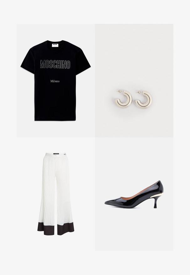 Camiseta negra de manga corta con texto "MOSCHINO" y "Milano" en pequeños cristales centrados en la parte frontal.; Pantalones blancos plisados con un diseño de pierna ancha y puños negros en el dobladillo. Fabricados en un tejido ligero con una cinturilla elástica.; Zapato de tacón bajo tipo kitten heel de charol negro con punta afilada y detalle dorado en la parte trasera del tacón, presentado sobre un fondo blanco.; Pendientes de aro de metal con un diseño curvado, presentando un acabado en plata pulida y delgadas líneas de acento en negro. Cierre de tipo posta.