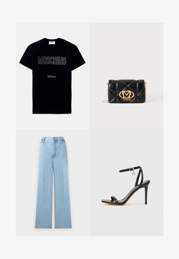 Camiseta negra de manga corta con texto "MOSCHINO" y "Milano" en pequeños cristales centrados en la parte frontal.; Jeans de mezclilla de corte ancho en azul claro con una cintura alta, con cinco pasadores para cinturón, cierre frontal con botón y costuras cosidas.; Sandalia de tacón alto negra con una estrecha correa en el tobillo, punta cuadrada, material de cuero liso y detalle de hebilla metálica.; Bolso de mano negro acolchado de cuero con correa de cadena dorada y logotipo dorado de Love Moschino en el centro delantero.