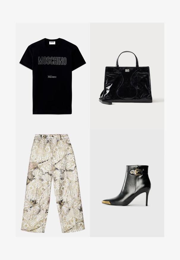 Must lühikeste varrukatega T-särk, mille ees keskelt väikeste kivikestega kiri "MOSCHINO" ja "Milano".; Avardus püksid, mis on valmistatud tekstuuritud kangast, millel on kuld- ja mustdamaskmuster valgel taustal, ning kõrge vöökoht.; Mustast läikivast nahast pahkluu saabas, millel on terav nina, kontsasstiletokonts ja kuldse tooniga riistvara koos dekoratiivse pandla detailiga.; Mustast läikivast nahast käekott lühikeste käepidemete, eemaldatava õlakaaelarihma ja esiküljel paiknevate peente kaardus õmblustega.