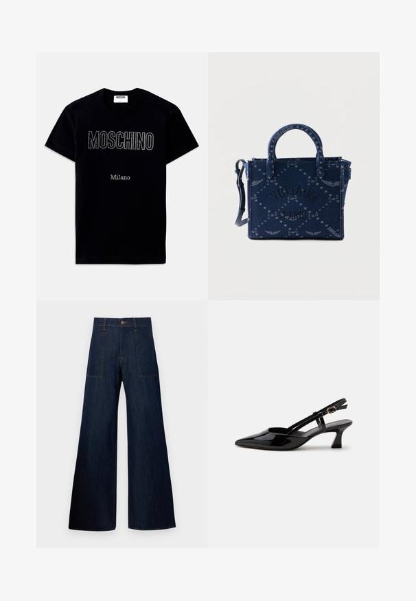 Must lühikeste varrukatega T-särk, mille ees keskelt väikeste kivikestega kiri "MOSCHINO" ja "Milano".; Tumed sinised laiad teksad, millel on denim, kaks eesmist taskut, nähtav õmblus ja nööpkinnitus vööl.; Mustast lakknahast rihmkontsaga madala kontsaga king terava ninaga ja reguleeritava kuldse pandlaga valgel taustal.; Tumesinine ristkülikukujuline käekott kahe käepidemega, tähe- ja tiivamustriga, tekstiga „Voltaire Paris“ ning reguleeritava küljerihmaga.