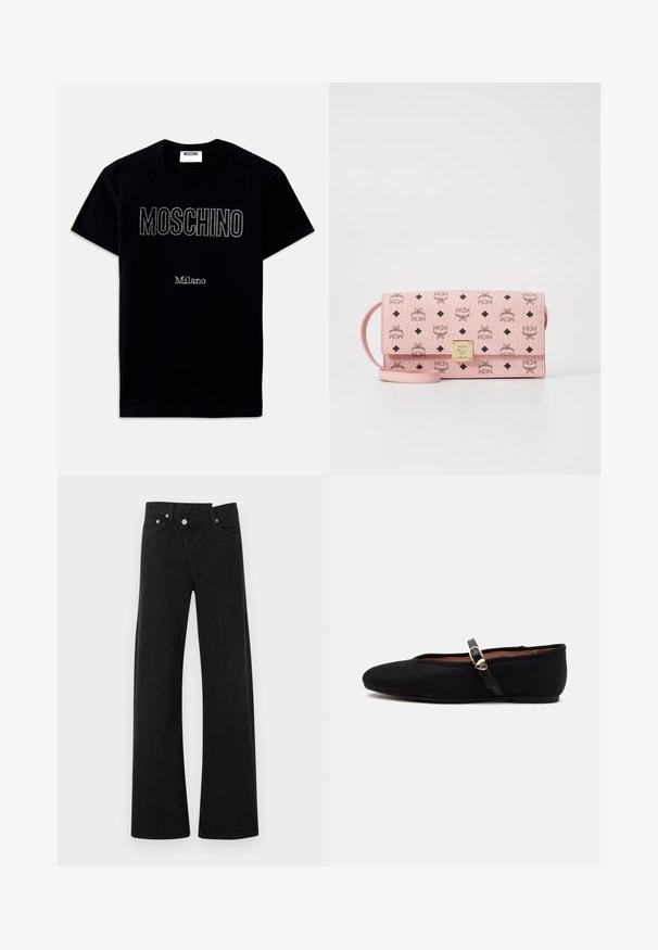 Must lühikeste varrukatega T-särk, mille ees keskelt väikeste kivikestega kiri "MOSCHINO" ja "Milano".; Mustad kõrge vöökohaga laia säärega teksad, esiküljel nööbi ja tõmbluku kinnituse, küljetaskute ja vööaasadega, lahtiselt valgel taustal eksponeeritud.; Must tekstuuriga lamedad kingad õhukese rihma ja väikese kuldse südamekujulise pandlaga küljel.; Roosa sünteetilisest nahast rinnahoidja, millel on must trükitud logo ja teemantmustrites, sisaldab kuldset metallist lukku ja reguleeritavat rihma.