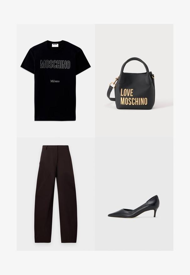 Schwarzes T-Shirt mit kurzen Ärmeln mit den Schriftzügen "MOSCHINO" und "Milano" in kleinen Strasssteinen, mittig auf der Vorderseite.; Braune, weit geschnittene Hose mit glatter Textur. Verfügt über eine flache Vorderseite, Gürtelschlaufen und seitliche Taschen für Funktionalität.; Schwarzer Pumps aus Leder mit spitzer Zehenpartie und niedrigem Absatz. Verfügt über eine glatte Textur und dezenten Glanz. Vordere Öffnung für ein zusätzliches Detail.; Schwarze Moschino-Handtasche mit goldenen Buchstaben, kurzen Griffen und abnehmbarem Schulterriemen auf einfarbig hellem Hintergrund.