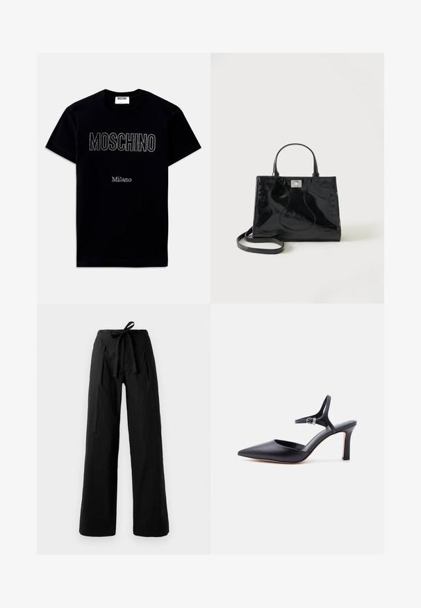 Schwarzes T-Shirt mit kurzen Ärmeln mit den Schriftzügen "MOSCHINO" und "Milano" in kleinen Strasssteinen, mittig auf der Vorderseite.; Schwarze weit geschnittene Hose mit hohem elastischem Bund, ausgestattet mit einem gebundenen Gürtel und glatter Textur. Maßgeschneiderter Schnitt mit klaren Falten.; Schwarzer spitzer High Heel mit dünnem Knöchelriemen und silberner Schnalle, glatte Lederoberfläche, eleganter Damenschuh.; Schwarze Handtasche aus Lackleder mit abgerundeten Griffen, abnehmbarem Schulterriemen und silberner Verschlussklammer auf einfachem weißem Hintergrund.