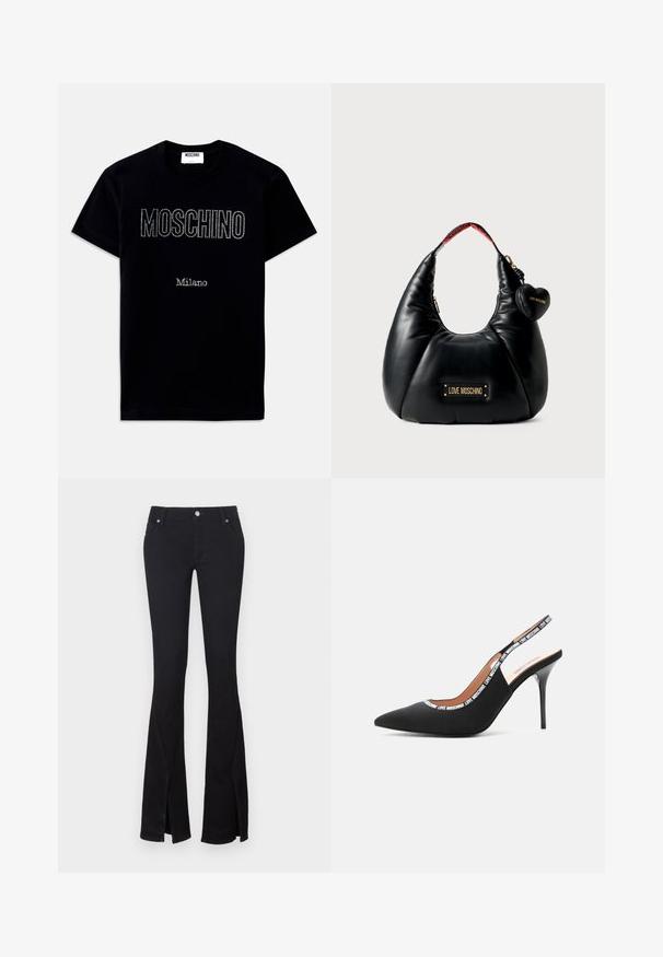 Camiseta negra de manga corta con texto "MOSCHINO" y "Milano" en pequeños cristales centrados en la parte frontal.; Pantalones vaqueros negros acampanados hechos de denim suave, con aberturas en los tobillos, dos bolsillos frontales y cierre de botón metálico. Diseño clásico con un acabado limpio.; Love Moschino LOGO TAPE - Zapatos altos - black; Bolso de cuero sintético negro con forma curva, que presenta una placa de logo dorada y un charm en forma de corazón. La correa interior tiene un detalle de logo rojo.