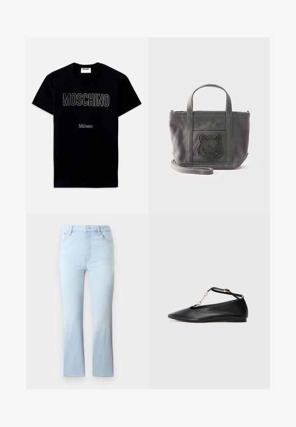 Zwart T-shirt met korte mouwen met de tekst "MOSCHINO" en "Milano" in kleine strass-steentjes gecentreerd op de voorkant.; FRAME THE REBOOT CROP - Bootcut jeans - light blue; Zwarte leren ballerina's met een pointed toe, uitgesneden ontwerp, enkelbandje en gouden kettingaccent. Glad oppervlak, minimale hak.; Kleine grijze canvas handtas met twee handvatten, afneembare riem en reliëf wolvenkop ontwerp op het voorvak.