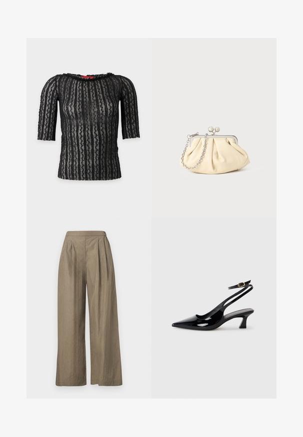 Haut court noir en dentelle avec motif de rayures ondulées verticales et encolure ronde, tissu semi-transparent sur fond uni clair.; Pantalon kaki taille haute à jambes larges avec des plis à l'avant, confectionné dans un tissu texturé, présenté sur un fond blanc.; Escarpins à brides arrière en cuir verni noir, à bout pointu, avec un petit talon carré et une sangle de cheville ajustable dotée d'une boucle dorée.; Pochette en cuir beige plissé avec un cadre en métal argenté, dotée de deux fermoirs ronds décoratifs et d'une chaîne en argent.