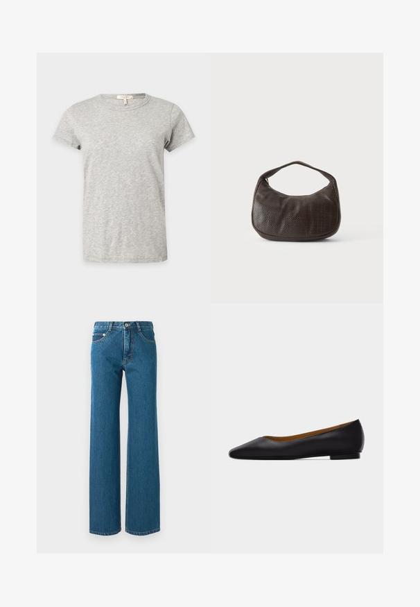 T-shirt gris clair à manches courtes et col rond avec un motif chiné subtil affiché sur un fond uni.; Jean large en denim bleu moyen, avec une taille haute, cinq poches et une couture contrastante sur les coutures. Tissu texturé.; Chaussure plate en cuir noir à bout pointu avec talon bas et finition lisse, vue de côté sur un fond gris clair.; Petit sac à main marron foncé texturé avec une courte bandoulière et un fond arrondi sur un fond clair uni.