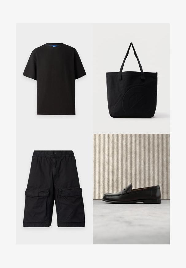 Sort t-shirt med korte ærmer, rund hals, lavet af ribbet stof. Har en afslappet pasform og et subtile blåt mærke indeni halsudskæringen.; Sorte shorts lavet af slidstærkt stof med elastisk talje, to store cargo-lommer på hver side og syet detaljering.; Sort læder penny loafer med lav hæl, rundet tå og syningsdetaljer langs fronten og siderne, vist på neutral baggrund.; Sort canvas-tote-taske med to skulderstropper og et diskret præget cirkeldesign på fronten.