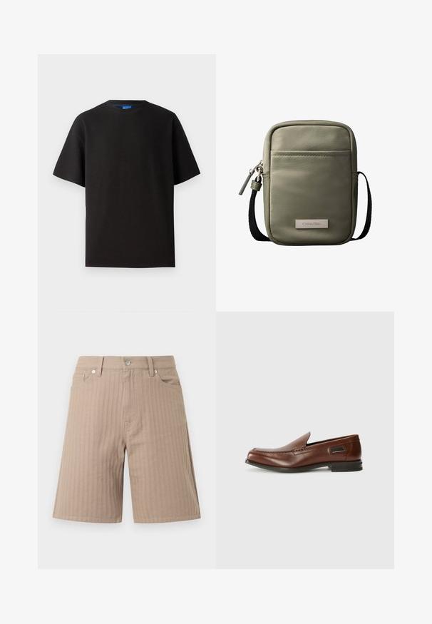 Sort t-shirt med korte ærmer, rund hals, lavet af ribbet stof. Har en afslappet pasform og et subtile blåt mærke indeni halsudskæringen.; Beige shorts lavet af tekstureret stof med lodrette striber, en linning med knap foran og sidelommer.; Stuart Weitzman BURT - Loafers - auburn; Kompakt korsbodytaske i olivengrøn med forlomme, sort justerbar rem, lynlåslukning og Calvin Klein logo-plakette.