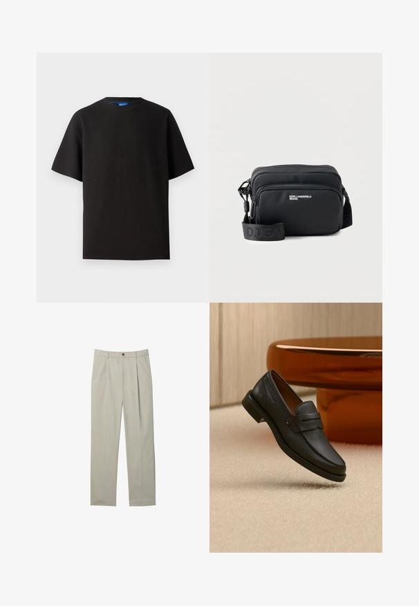 T-shirt noir à manches courtes, col rond, fabriqué en tissu côtelé. Présente une coupe décontractée et une étiquette de marque bleu subtle à l'intérieur du col.; Pantalon beige clair sur mesure avec plis à l'avant, poches latérales, passants de ceinture et fermeture par bouton sur fond blanc.; Mocassin homme en cuir noir avec une bande sur le dessus, présenté sur un tapis beige près d'une table ronde moderne marron.; Sac bandoulière rectangulaire noir avec deux compartiments zippés, logo "KARL LAGERFELD JEANS" et sangle de marque réglable sur fond blanc.