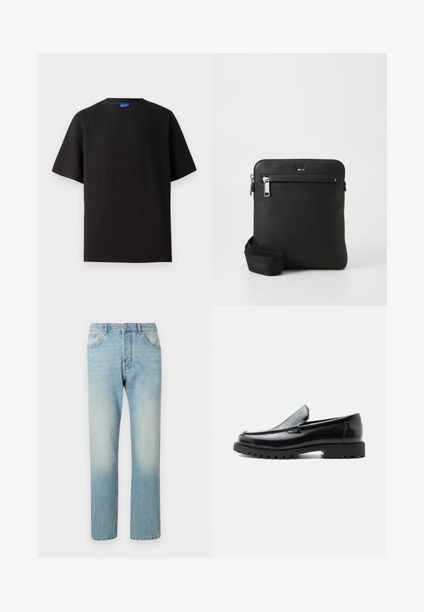 Camiseta negra de manga corta, cuello redondo, hecha de tejido de canalé. Presenta un ajuste relajado y una sutil etiqueta de marca azul en el interior del cuello.; Jeans de color azul claro hechos de denim, con un diseño de pierna recta, estructura de cinco bolsillos y efecto de lavado desgastado en los muslos.; Mocasín de cuero negro con suela de goma gruesa, empeine cosido y nombre de la marca en relieve en el talón, mostrado en perfil lateral sobre fondo blanco.; Bolso bandolera de cuero negro con diseño plano, superficie texturizada, cierre con cremallera, bolsillo frontal y una correa de tela ajustable.