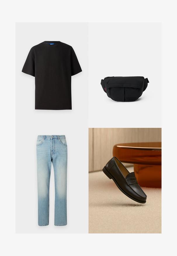 Schwarzes T-Shirt mit kurzen Ärmeln, Rundhalsausschnitt, aus Rippstoff gefertigt. Hat einen lockeren Schnitt und ein dezentes blaues Markenetikett im Halsbereich.; Helle blaue Jeans aus Denim mit geradem Bein, fünf Taschen und einem ausgewaschenen Effekt an den Oberschenkeln.; Schwarzer Leder-Loafer, der über einem hellbeigen Teppich schwebt, mit bernsteinfarbenen modernen Möbeln im Hintergrund.; Schwarze Nylon-Gürteltasche mit Reißverschluss, zwei Vorderfächern und einem strukturierten Logopatch. Verfügt über einen breiten, verstellbaren Tragegurt.