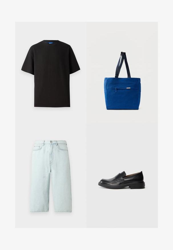 Sort t-shirt med korte ærmer, rund hals, lavet af ribbet stof. Har en afslappet pasform og et subtile blåt mærke indeni halsudskæringen.; Lyseblå denimshorts med lige ben, mellemhøj talje, forlommer og en enkelt baglomme, afsluttet med diskret syning.; Sorte læder slip-on dress sko med lav hæl og subtil Calvin Klein logo på siden, vist i profil på en hvid baggrund.; Blå lærredstaske med lynlåslomme foran, dobbelte skulderremme og rektangulær form. Har en diskret mærkeetiket.