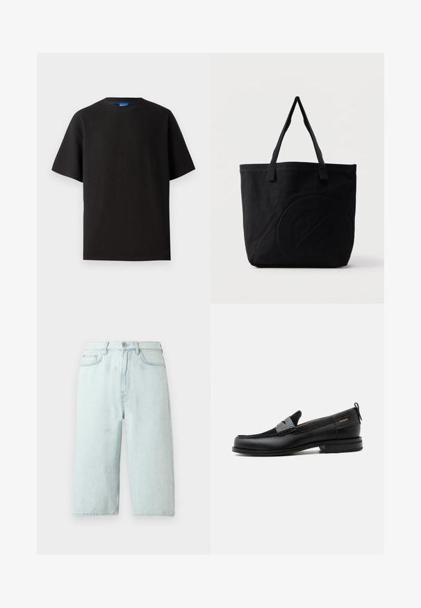 Schwarzes T-Shirt mit kurzen Ärmeln, Rundhalsausschnitt, aus Rippstoff gefertigt. Hat einen lockeren Schnitt und ein dezentes blaues Markenetikett im Halsbereich.; Hellblaue Jeansshorts mit geradem Bein, mittlerer Bundhöhe, vorderen Taschen und einer einzelnen Gesäßtasche, veredelt mit dezenter Naht.; Schwarzer Lederloafer mit grauem Riemendetail, niedrigem Absatz und strukturierter Sohle, seitlich mit „HUGO“ in Gold gebrandmarkt.; Schwarze Canvas-Shopper-Tasche mit zwei Schulterriemen und einem dezenten, eingeprägten kreisförmigen Design auf der Vorderseite.