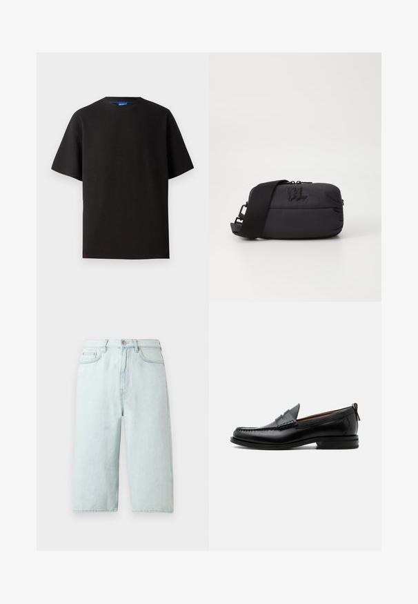Camiseta negra de manga corta, cuello redondo, hecha de tejido de canalé. Presenta un ajuste relajado y una sutil etiqueta de marca azul en el interior del cuello.; Pantalones cortos de mezclilla azul claro con diseño de pierna recta, cintura de talle medio, bolsillos frontales y un único bolsillo trasero, terminados con costuras sutiles.; Mocasín de hombre de piel negra con costura moc toe, tira penny, cuello texturizado y tacón bajo apilado sobre fondo blanco.; Bolsa cruzada de nylon negro con una textura suave, cierre de cremallera, correa ajustable y detalle de logo embossado en la parte frontal.