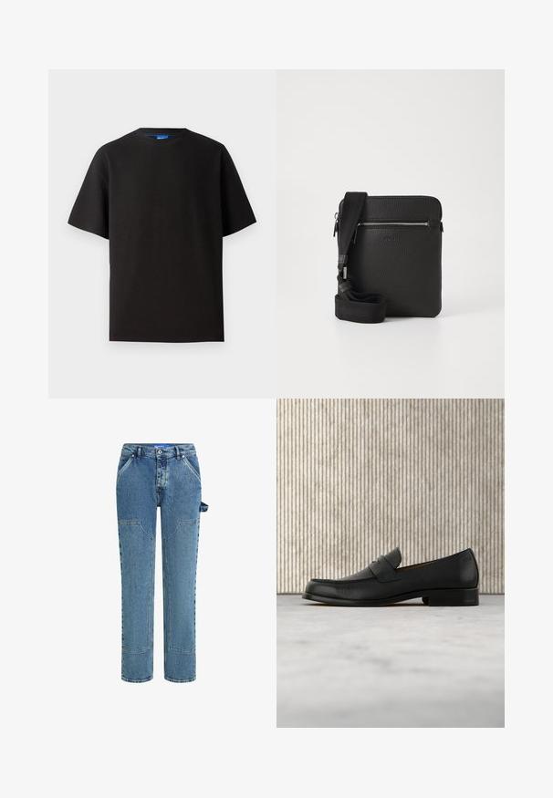Camiseta negra de manga corta, cuello redondo, hecha de tejido de canalé. Presenta un ajuste relajado y una sutil etiqueta de marca azul en el interior del cuello.; Jeans de mezclilla azul con un diseño de pierna recta, que cuentan con parches en contraste, dos bolsillos frontales y un detalle de lazo visible en el lado.; Zapato mocasín de cuero negro flotando sobre una alfombra beige con una mesa redonda marrón brillante al fondo.; Bolso cruzado de cuero negro con superficie texturizada, bolsillo frontal con cremallera y correa de tela ajustable. Diseño cuadrado simple.