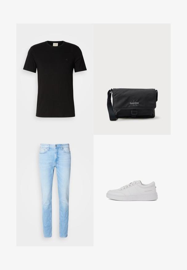 Sort bomulds T-shirt med korte ærmer, rund halsudskæring og et lille Calvin Klein-logo på brystet. Glat tekstur, klassisk pasform.; Lyseblå denimjeans med lige pasform, fem lommer, knaplukning og let falmet. Klassisk syning langs sømmene.; Hvide lædersneakers med et klassisk lavtop-design, flad sål og subtilt brandlogo på hælen. Har fem metaløjer til snørebånd.; Sort messenger-taske lavet af holdbart stof med klaplukning, frontspænde og Calvin Klein-logo i sølv. Justerbar rem inkluderet.