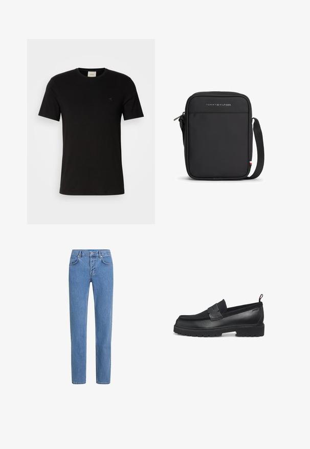Sort bomulds T-shirt med korte ærmer, rund halsudskæring og et lille Calvin Klein-logo på brystet. Glat tekstur, klassisk pasform.; Lysblå denim jeans med lige ben-design, fem lommer og knappelukning. Stoffet har en tekstureret overflade med subtil slid.; Sorte loafers med en glat læderoverdel, gummisål og teksturerede accenter på den øverste del. Har en syet kant og slip-on design.; Kompakt sort skuldertaske med justerbar rem, sølv Tommy Hilfiger-logo og lille rød, hvid og blå flagdetalje på siden.