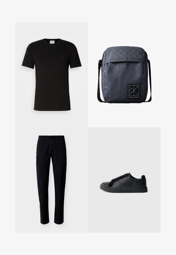 Schwarzes Baumwoll-T-Shirt mit kurzen Ärmeln, Rundhalsausschnitt und einem kleinen Calvin Klein-Logo auf der Brust. Glatte Textur, klassische Passform.; Schwarze, schmal geschnittene Hose mit Gürtelschlaufen, vorderem Knopf und Reißverschluss, auf weißem Hintergrund präsentiert.; Schwarze Leder-Sneaker mit glatter Oberfläche, strukturierten Seitenpaneelen, runder Zehenpartie, flacher Sohle und Logo-Detail an der Seite. Verfügt über klassische Schnürung.; Dunkelgraue Crossbody-Tasche von Calvin Klein mit dezentem Monogramm-Muster, Frontreißverschlusstasche und verstellbarem schwarzen Riemen.