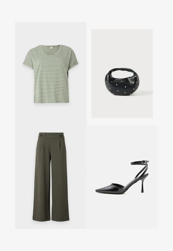 Camiseta de rayas verdes, de manga corta, con escote redondeado, hecha de tela suave. Presenta rayas alternas en blanco y verde.; Pantalones de pierna ancha, de color verde oliva, hechos de una tela suave; cuentan con dos botones negros en la cintura y pliegues frontales para añadir detalle.; Zapato de tacón alto negro de punta fina con delgadas correas en el tobillo y cierre de hebilla plateada sobre un fondo liso claro.; Bolso de mano de cuero negro con forma redondeada, decorado con detalles de tachuelas plateadas y un asa corta. Textura lisa y cierre con cremallera.
