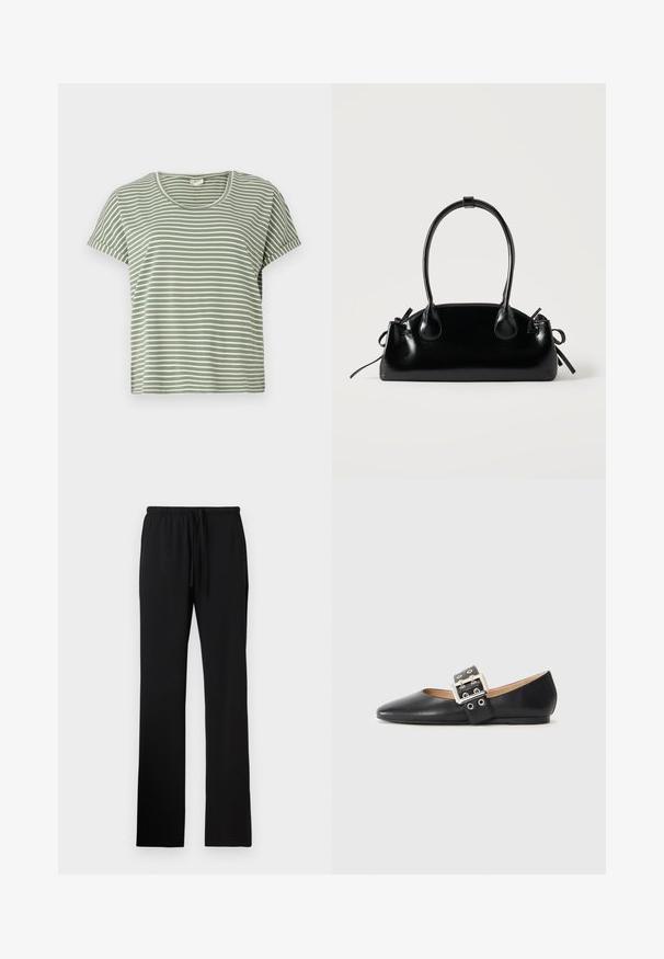 Πράσινη ριγέ μπλούζα, κοντό μανίκι, στρογγυλή λαιμόκοψη, φτιαγμένη από μαλακό ύφασμα. Διαθέτει εναλλασσόμενες λευκές και πράσινες ρίγες.; Μαύρο παντελόνι με ελαστική μέση και κορδόνι, με απαλό ύφασμα και ίσια, μακριά παντελόνια χωρίς τσέπες.; Μαύρο δερμάτινο ίσιο παπούτσι με μυτερή μύτη και διακοσμητικό λουράκι με αγκράφα που διαθέτει ασημί εξαρτήματα και μικρές περικοπές.; Μικρή μαύρη γυαλιστερή τσάντα με δύο μακριές λαβές και λεπτομέρειες με ρυθμιζόμενο κορδόνι στο πλάι σε απλό ανοιχτό φόντο.