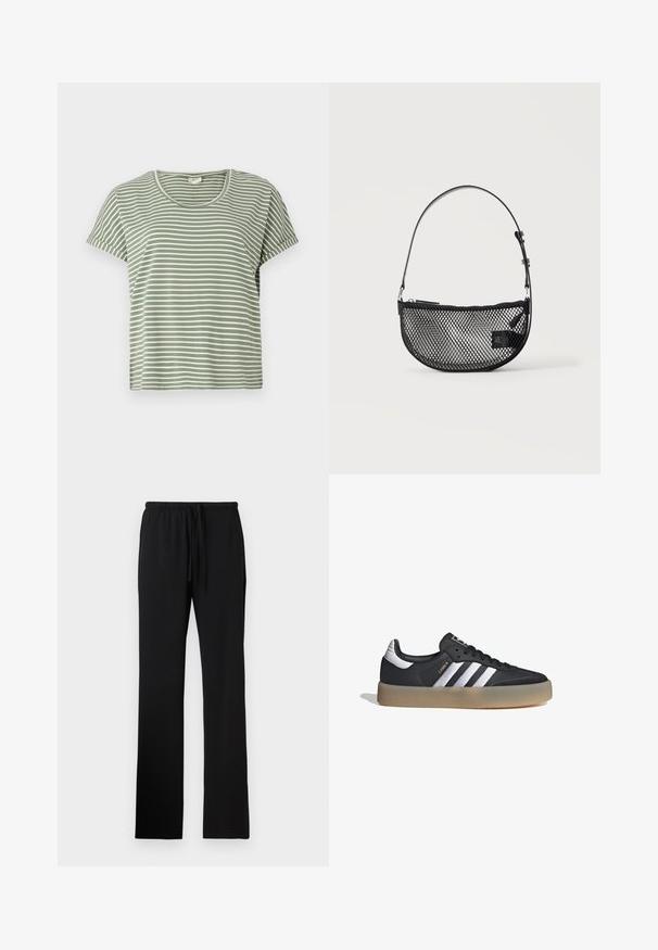 Camiseta de rayas verdes, de manga corta, con escote redondeado, hecha de tela suave. Presenta rayas alternas en blanco y verde.; Pantalones con cintura elástica negra y cordón, con una textura suave y piernas rectas de longitud completa sin bolsillos.; Zapatilla deportiva de cuero negro con tres rayas plateadas, punta texturizada y suela de goma. Cuenta con un collar acolchado y un diseño con cordones.; Bolso de malla negra en forma de media luna con una correa corta ajustable de cuero y cierre de cremallera sobre un fondo claro y liso.