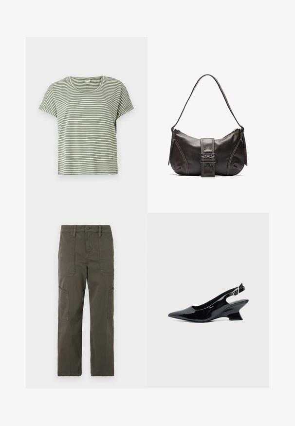Zelené pruhované tričko, krátke rukávy, zaoblený výstrih, vyrobené z mäkkej látky. Obsahuje striedajúce sa biele a zelené pruhy.; Good American CROPPED PANTS - Kapsáče - fatigue; Čierna lakovaná slingback topánka so špicatou špičkou a nízkym šikmým blokovým opätkom na jednoduchom svetlom pozadí.; Hnedá kožená taška cez plece s zakriveným tvarom, s výrazným detailom sponky, kontrastným prešívaním a jedným popruhom na plece.
